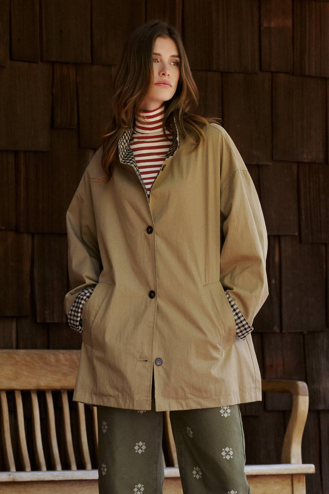 London Oversized Plaid-Lined Coat